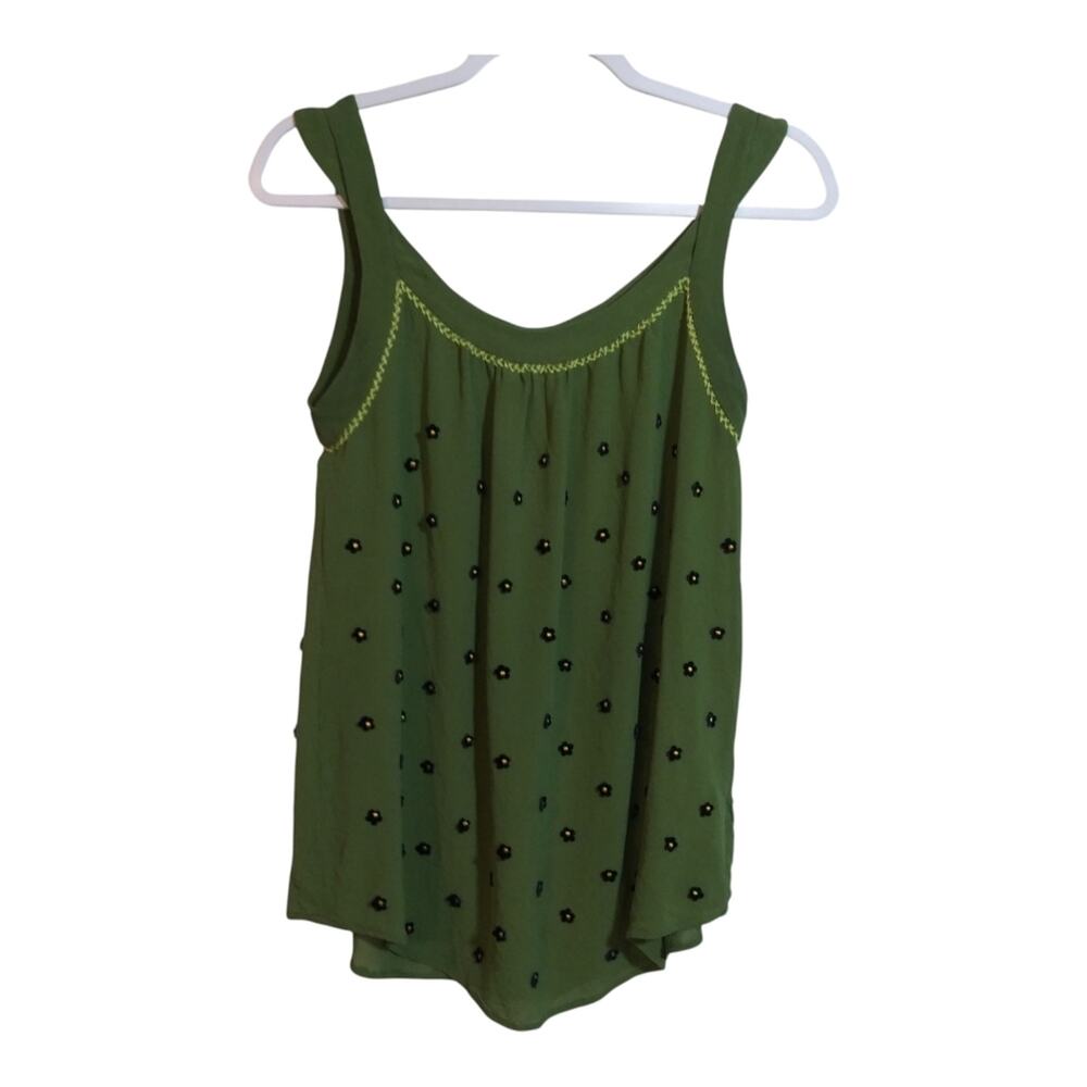 Anthropologie Postmark Green Silk Embroidered Floral Sleeveless Top Size 4